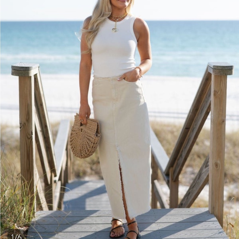 Front Slit Denim Midi Skirt in Beige
